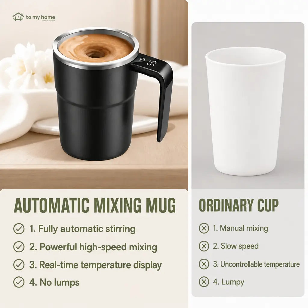 Rechargeable magnetic stirring mug with detachable mixer and LCD thermometer for smooth coffee, cocoa, protein shakes, and everyday office or travel drinks Tomyhome Global