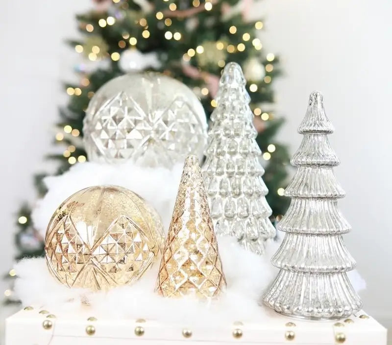 Set of 5 LED Illuminated Mercury Glass Trees Elegant Tabletop Holiday Decor Battery Operated Warm Glow Centerpiece Home Party Seasonal Display