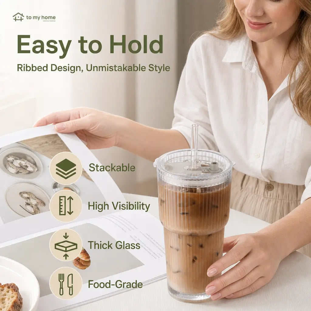 Reusable 562 ml (19 oz) ribbed glass cups with tight-sealing lids and straws for spill-resistant iced drinks, smoothies, cocktails, and commutes Tomyhome Global