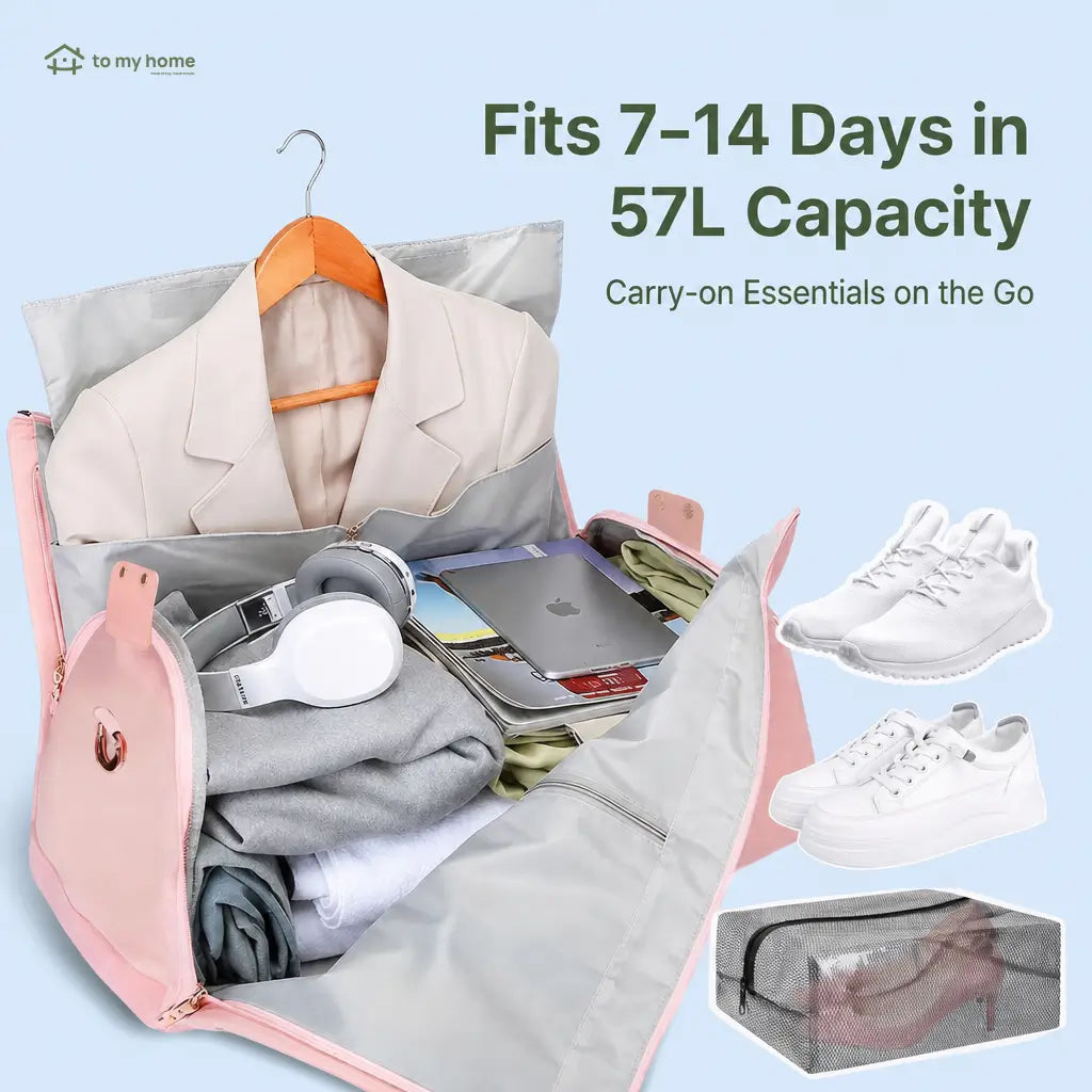 57L Travel Duffle Bag with Garment and Shoe Compartments, Water-Resistant Carry-On Weekender for Gym, Business Flights, Weddings, and Hospital Packing Tomyhome Global