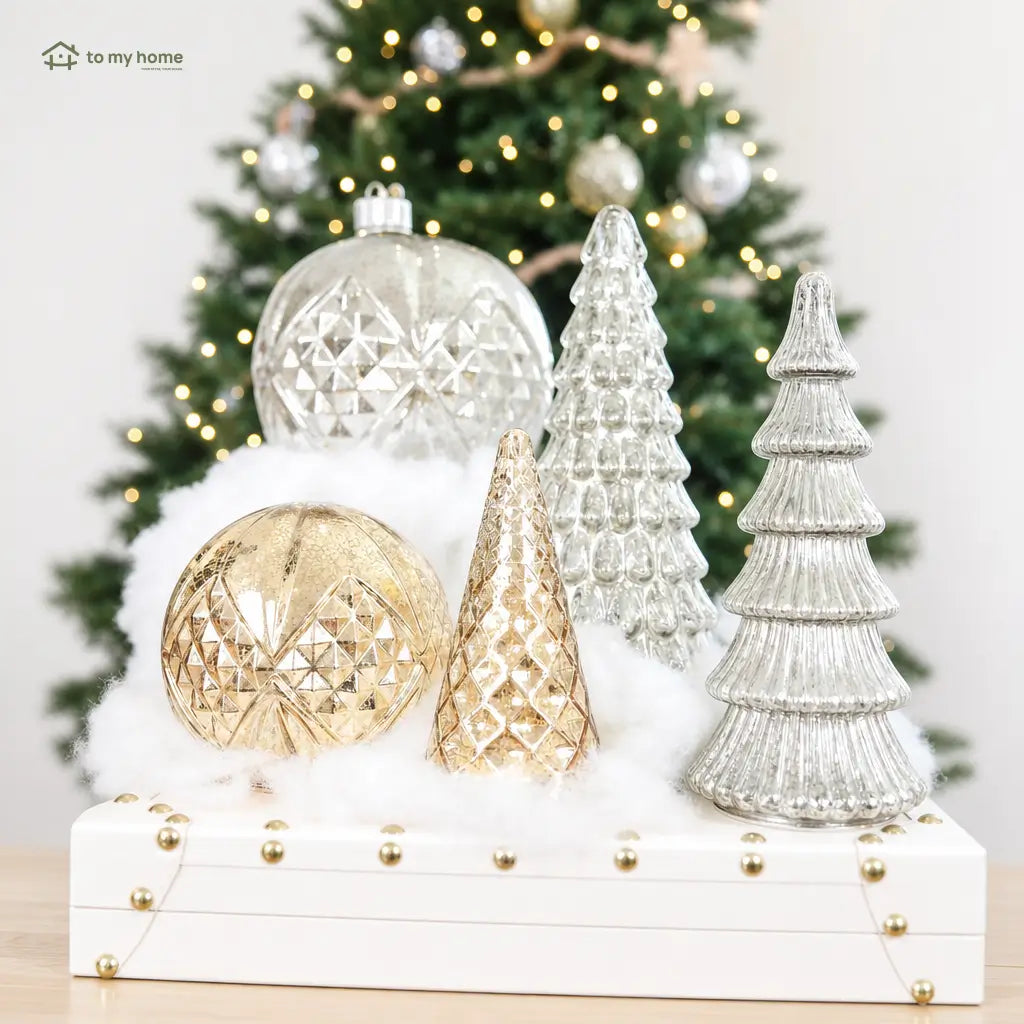 Set of 5 illuminated mercury glass Christmas trees with six-hour timer for mantel, side table, and festive holiday centerpiece decor displays Tomyhome Global