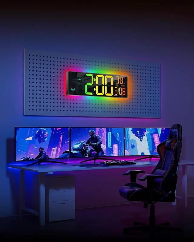 42 cm Large Digital Wall Clock with Bluetooth Sync RGB LED Lights 11 Scene Modes Remote Dual Alarms Auto DST Temperature for Office Gaming