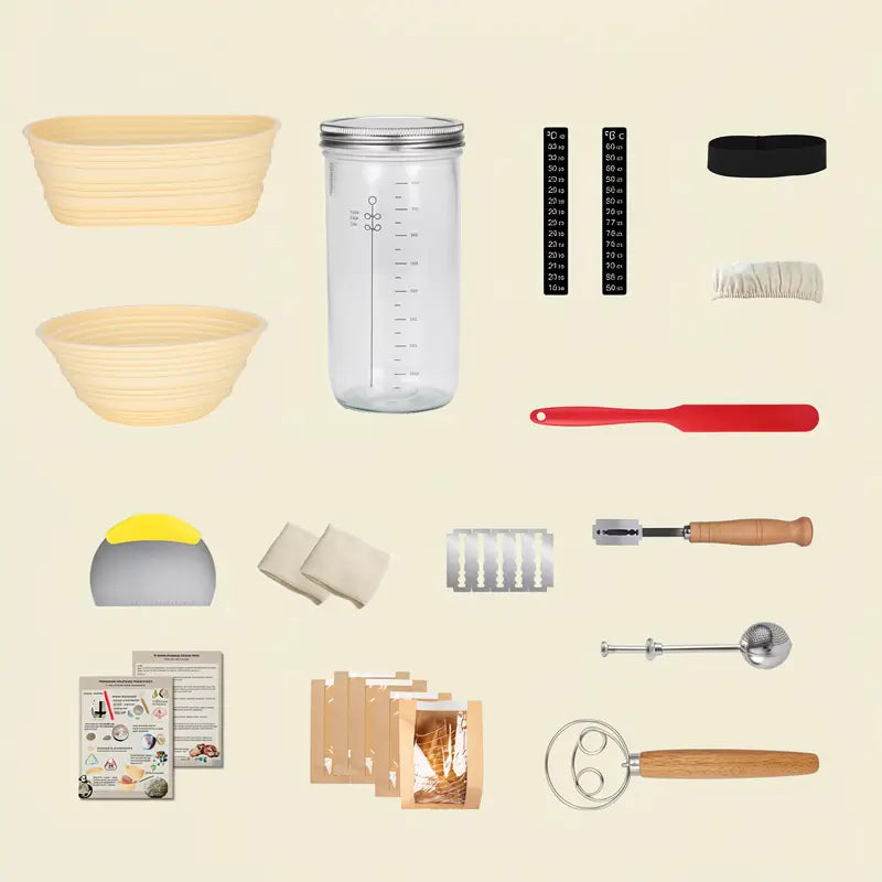 Premium Sourdough Starter Kit with 1000 ml Jar Silicone Proofing Baskets Danish Whisk Scraper Scoring Knife and Bread Bags for Easy Home Baking