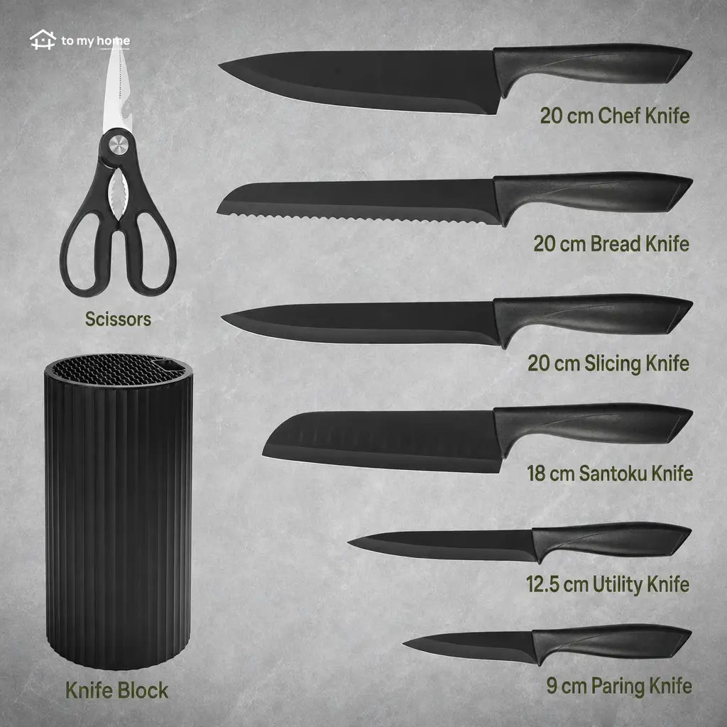 8-piece black kitchen knife set with non-stick rust-resistant blades, universal block and kitchen shears for everyday home cooking prep Tomyhome Global