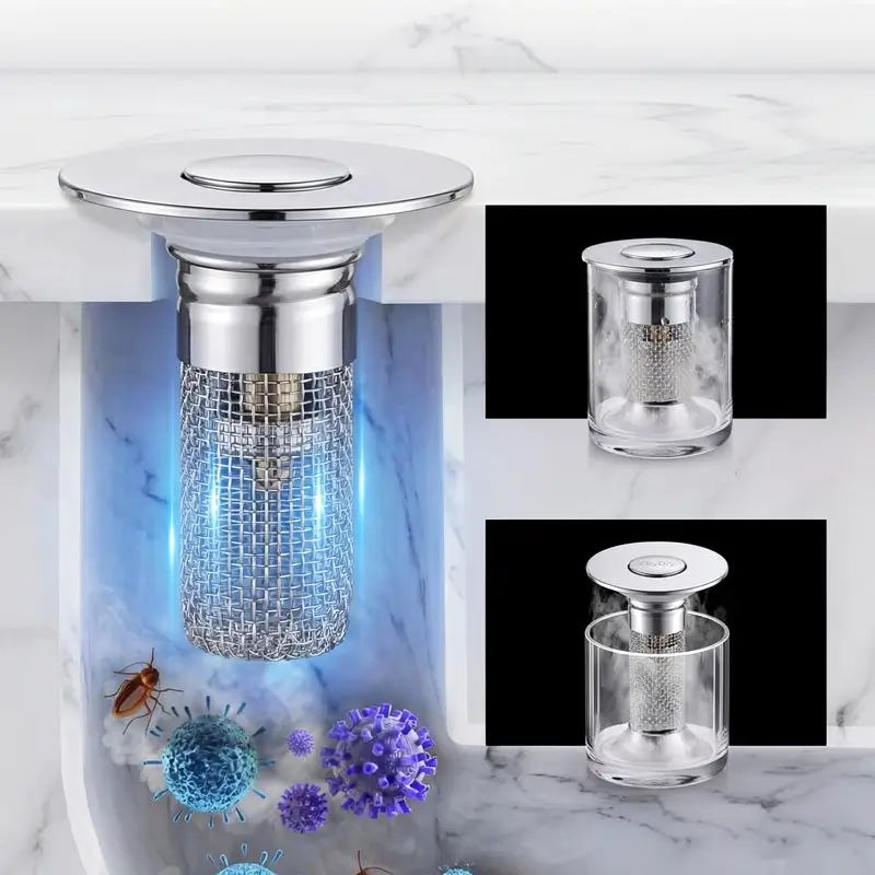 Bathroom Sink Stopper Hair Catcher Universal Pop Up Sink Drain Filter with Stainless Steel Filter Basket and Brass Drain Plug for Home Use