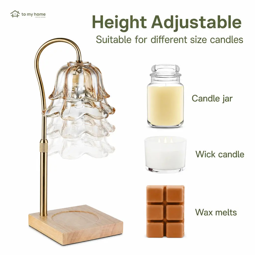 Glass flower candle warmer lamp with adjustable height, timer and dimmable light for flameless home fragrance in bedrooms and living spaces Tomyhome Global