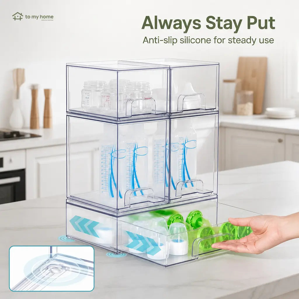 Stackable Clear Organizer Drawers, BPA-Free Multi-Size Storage Bins for Nursery Bottles, Bathroom Vanity, Pantry, Office Anywhere Tomyhome Global