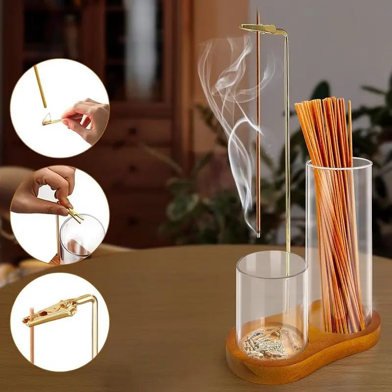 2-in-1 Incense Candle Holder with Wooden Base Glass Ash Catcher, Aromatherapy Diffuser for Bedroom, Scented Home Fragrance Decor Unique Ornament Gift