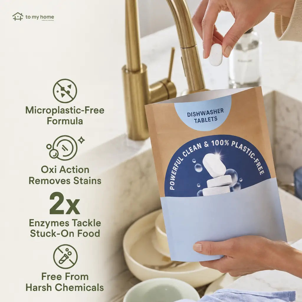 Mineral and plant-based dishwasher tablets, fragrance-free and plastic-free, for compact dishwashing with clean ingredients and effective stain removal in eco-conscious homes Tomyhome Global