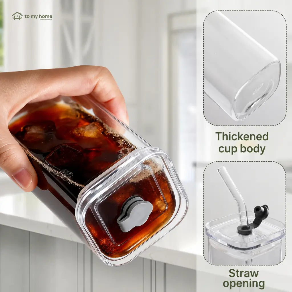 Square 13 oz glass tumbler set with lids and glass straws for iced coffee, cocktails, juice, and everyday drinks at home Tomyhome Global