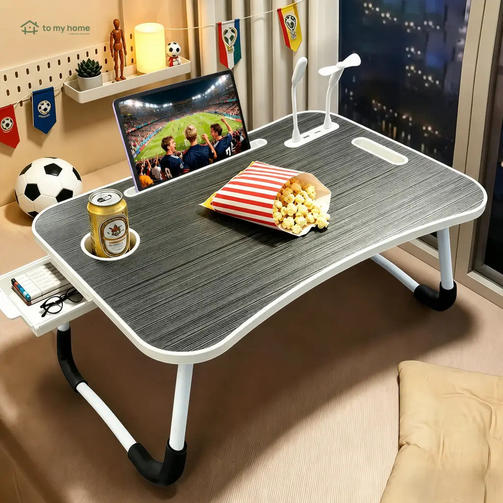 Foldable laptop bed desk with 4 USB ports, storage drawer, cup holder and adjustable angles for comfortable couch work at home Tomyhome Global
