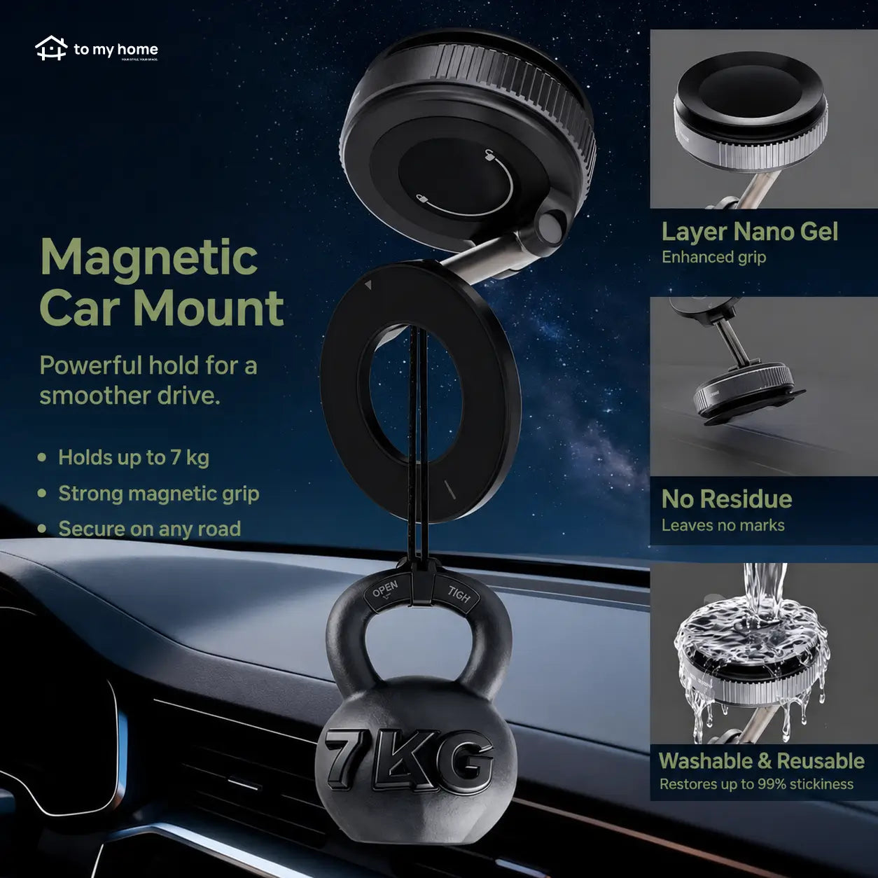 Magnetic car phone holder with vacuum suction cup and 360° rotation for dashboards, mirrors, travel, and hands-free viewing with all smartphones Tomyhome Global