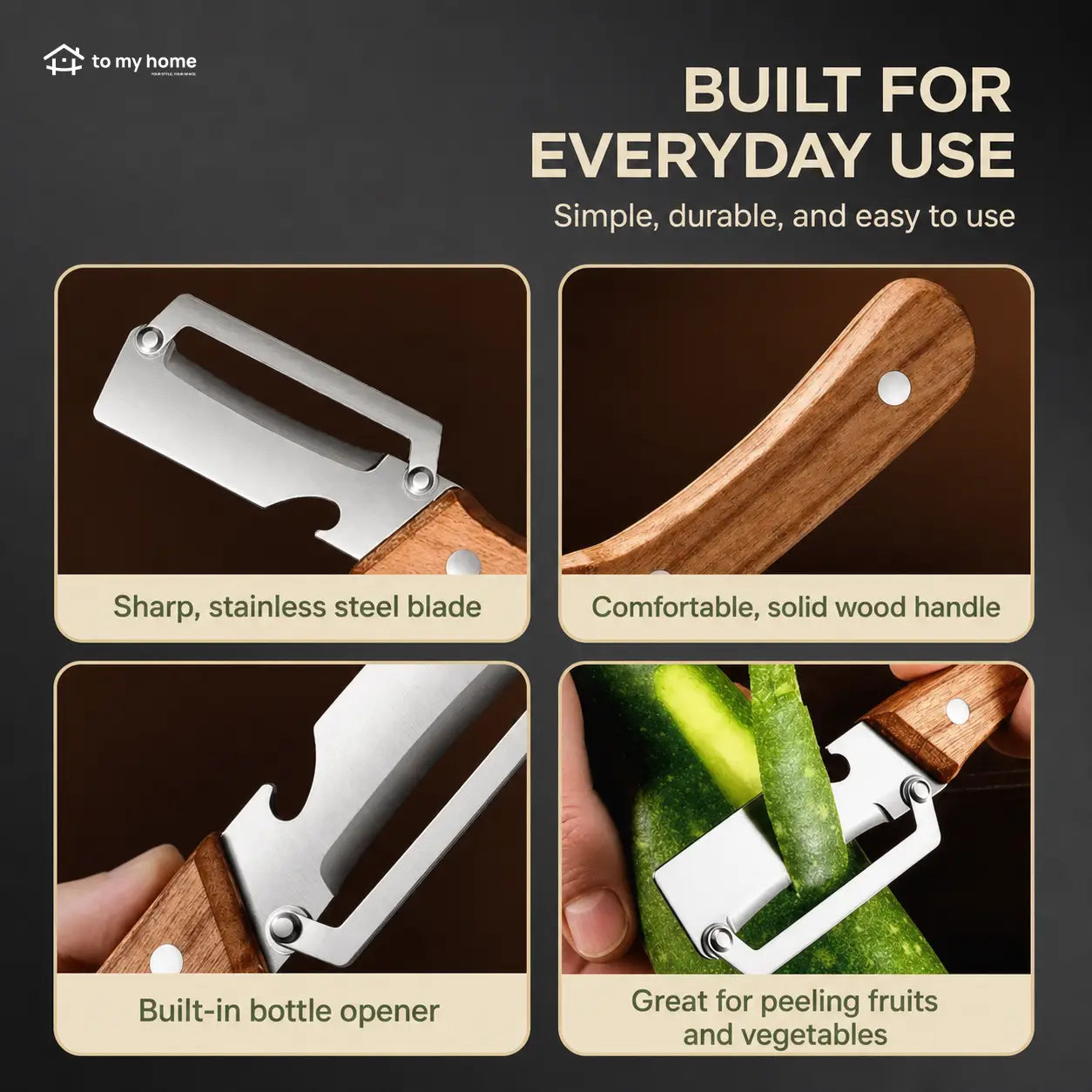 Two-Piece Vegetable and Fruit Peeler Set with Ultra-Sharp Stainless Steel Blade, Wooden Handle, and Built-In Bottle Opener for Everyday Kitchen Prep Tomyhome Global