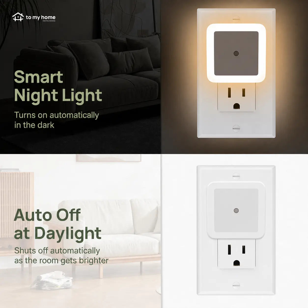 Plug-in LED night lights with dusk-to-dawn sensor, warm white 6-pack for bedrooms, hallways, bathrooms, kitchens and everyday home lighting Tomyhome Global