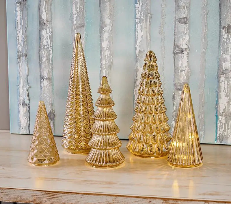 Set of 5 LED Illuminated Mercury Glass Trees Elegant Tabletop Holiday Decor Battery Operated Warm Glow Centerpiece Home Party Seasonal Display
