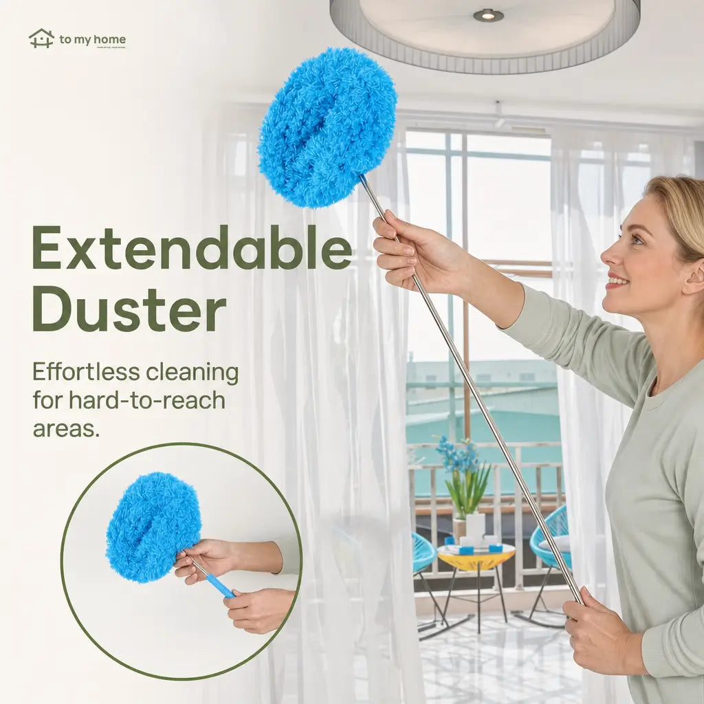 Lightweight extendable microfiber ceiling fan duster with slanted dust-locking head for walls, corners and everyday hard-to-reach home cleaning without ladders Tomyhome Global