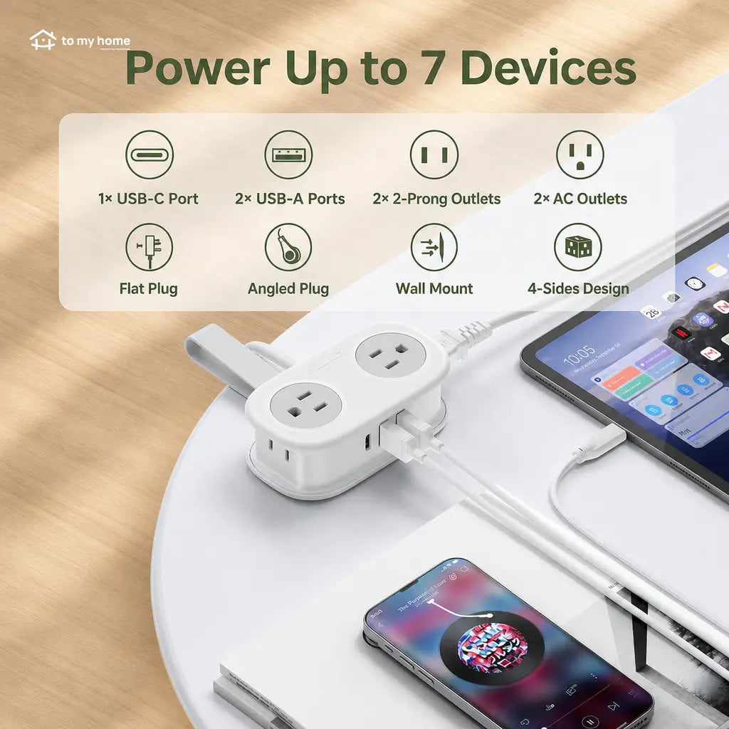 Compact travel power strip with 4 AC outlets, USB-C, flat plug and 1.25 m cord for cruises, hotels and office desks Tomyhome Global