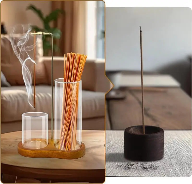 2-in-1 Incense Candle Holder with Wooden Base Glass Ash Catcher, Aromatherapy Diffuser for Bedroom, Scented Home Fragrance Decor Unique Ornament Gift