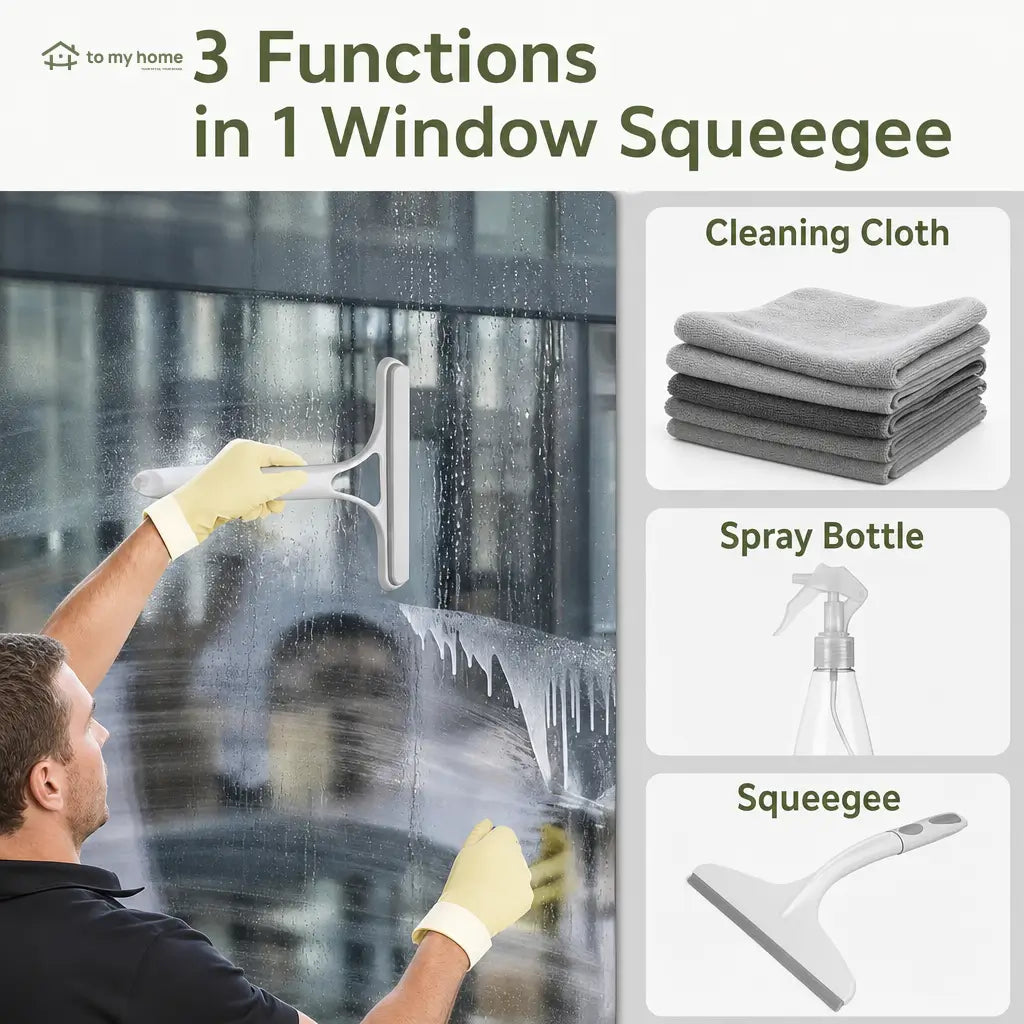 3-in-1 window cleaning squeegee with spray, scraper and microfiber scrubber, lightweight tool for car windshields, glass and tabletops Tomyhome Global