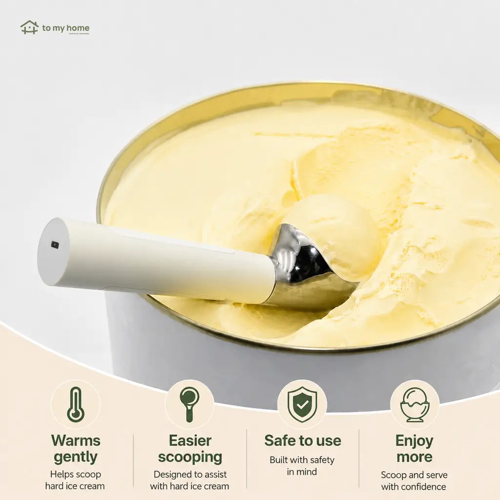 Rechargeable heated ice cream scoop with LED temperature display and 2 oz head for easy serving of hard frozen desserts at home anytime Tomyhome Global