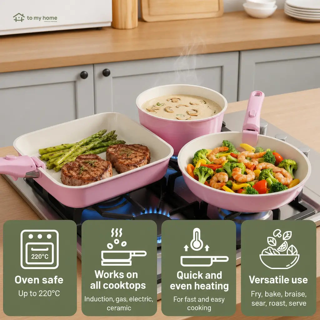 Ceramic Nonstick 22-Piece Cookware Set with Detachable Handles and Lids for Induction Kitchens, RV Cooking, Outdoor Meals, and Easy Storage Tomyhome Global