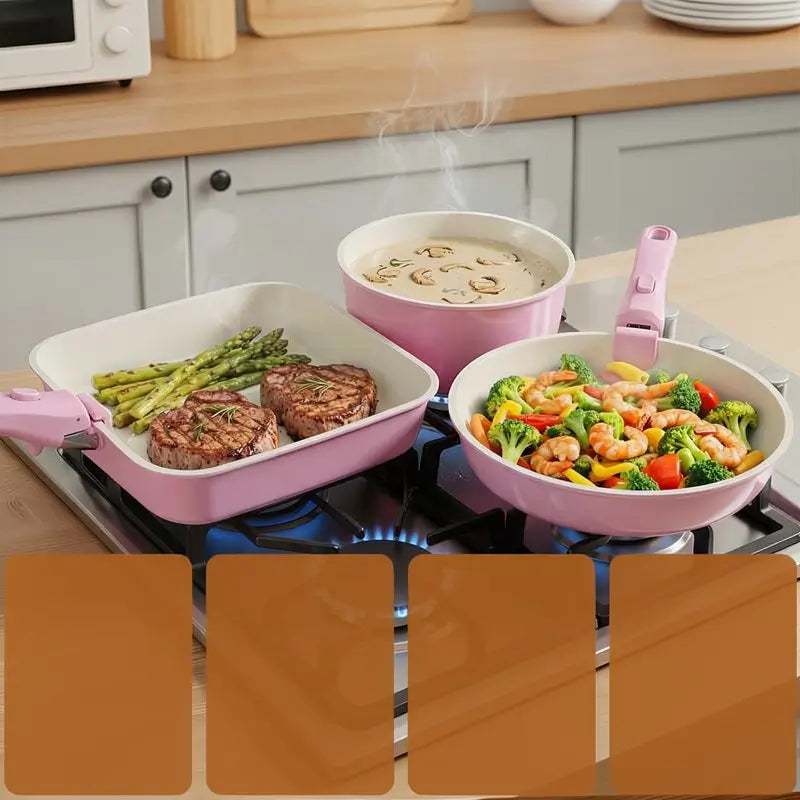 22-Piece Ceramic Non-Stick Cookware Set with Detachable Handles Non-Toxic Space-Saving Pots and Pans for RV Kitchen Induction Healthy Milk Pan Set