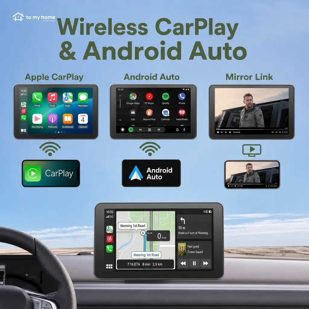 Wireless CarPlay touchscreen with HD backup camera and easy audio connection for iPhone and Android in cars, trucks and daily driving Tomyhome Global