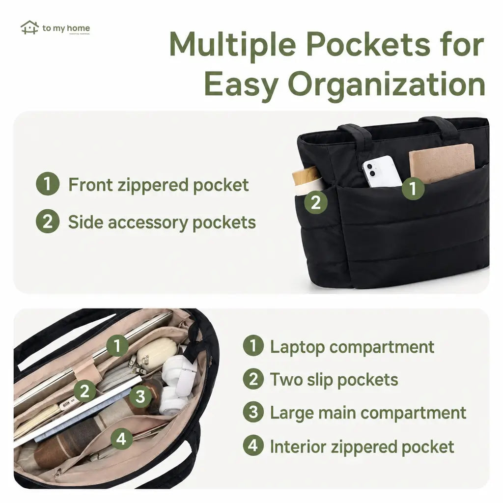 Lightweight puffer tote bag with laptop sleeve, zip closure and pockets for work, travel, gym and everyday commuting essentials Tomyhome Global