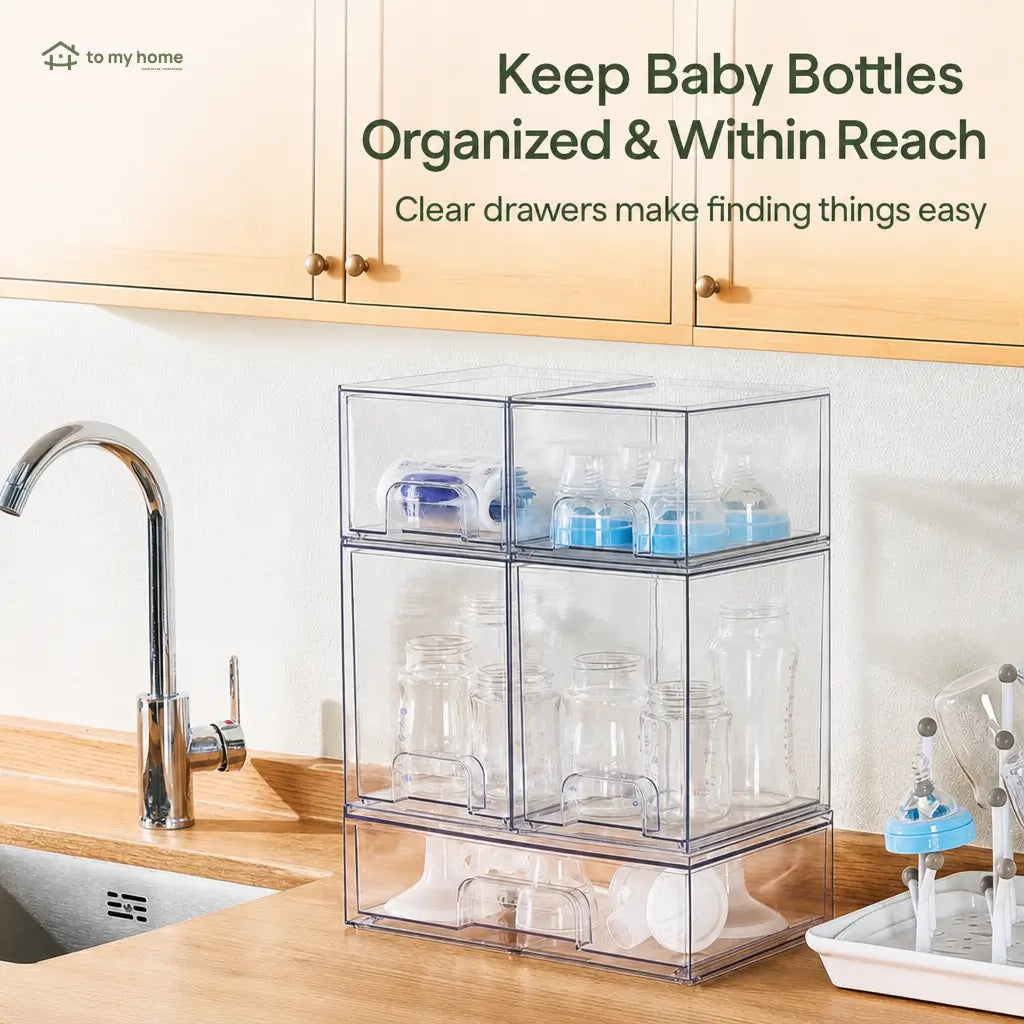 Stackable Clear Organizer Drawers, BPA-Free Multi-Size Storage Bins for Nursery Bottles, Bathroom Vanity, Pantry, Office Anywhere Tomyhome Global