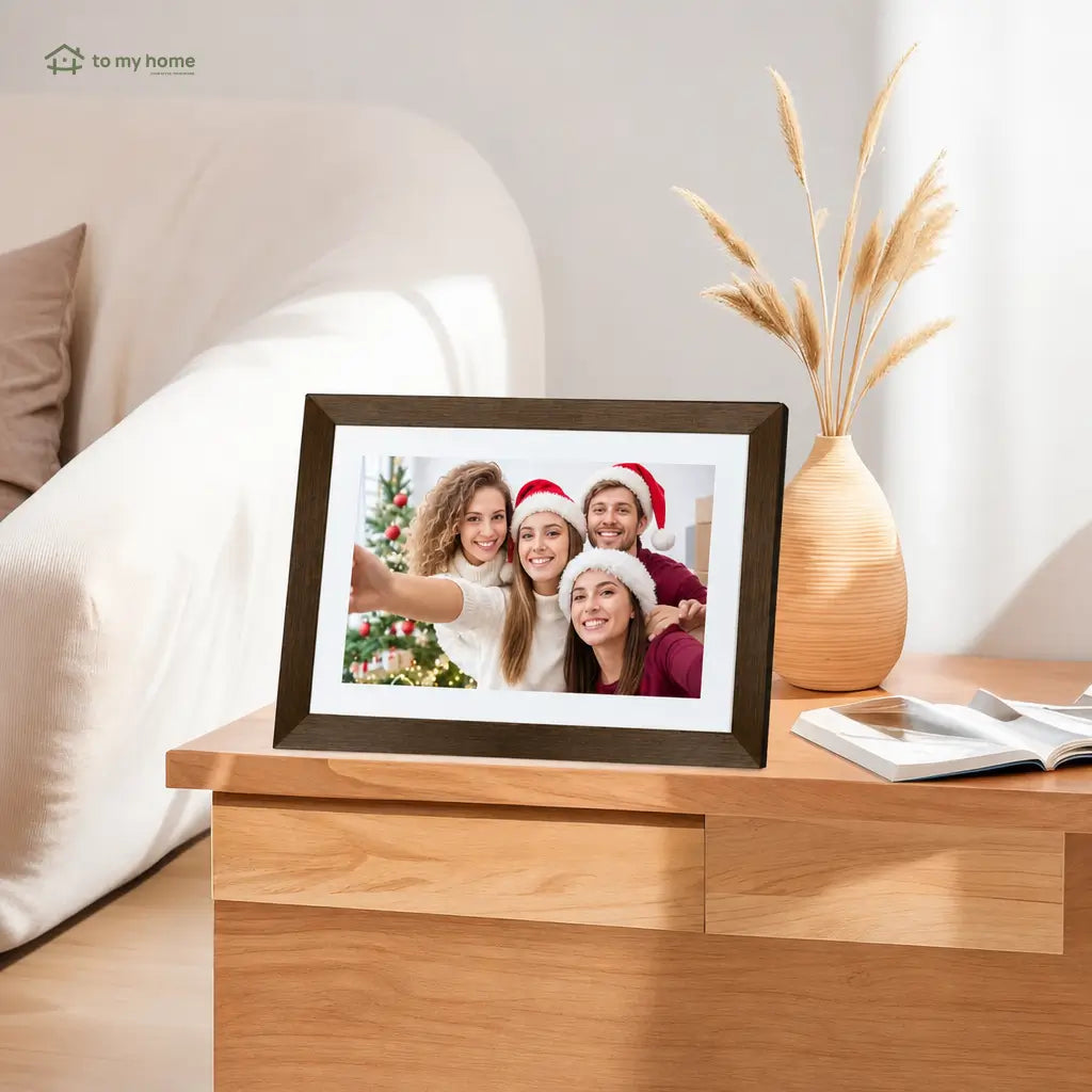 Digital photo frame with 25.7 cm (10.1 in) screen and wood design for home office memory displays and thoughtful everyday gifting Tomyhome Global