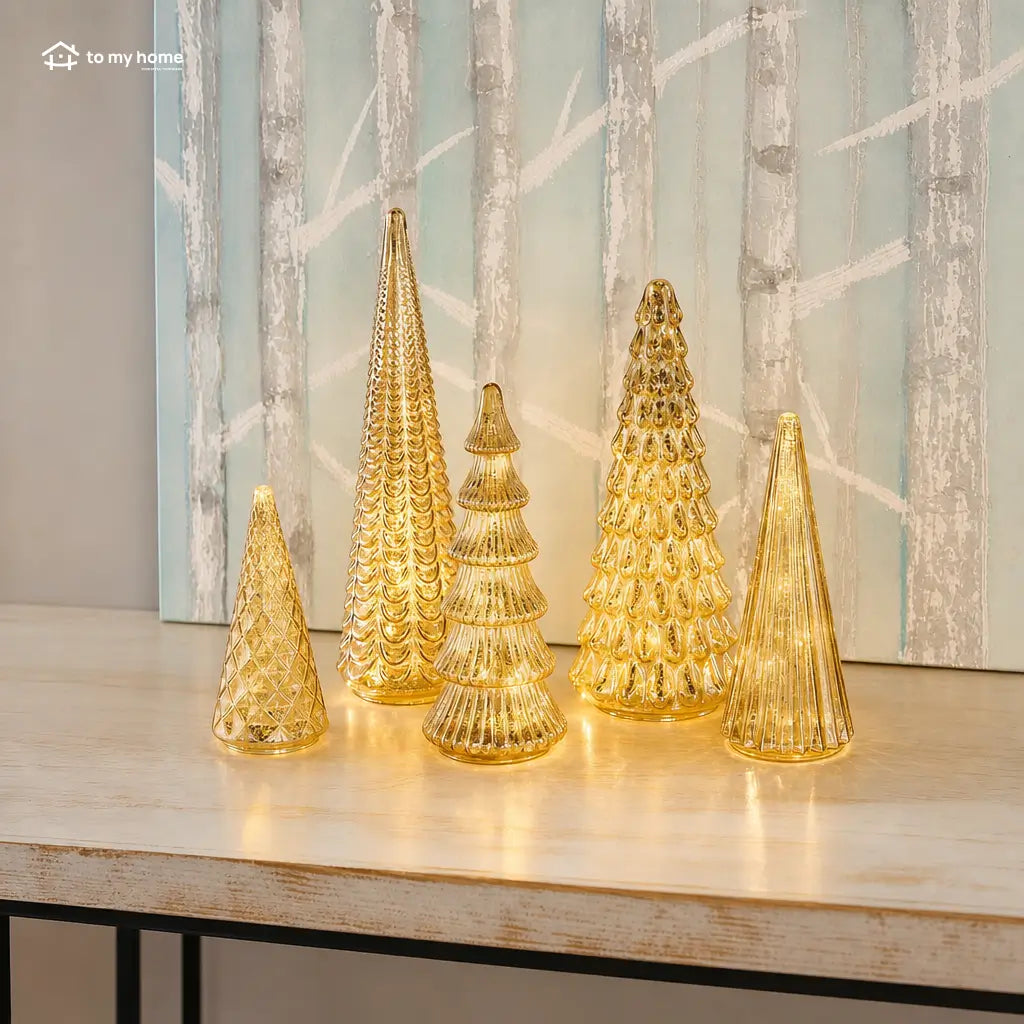 Set of 5 illuminated mercury glass Christmas trees with six-hour timer for mantel, side table, and festive holiday centerpiece decor displays Tomyhome Global