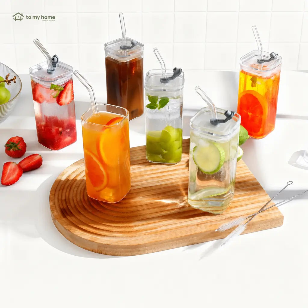 Square 13 oz glass tumbler set with lids and glass straws for iced coffee, cocktails, juice, and everyday drinks at home Tomyhome Global