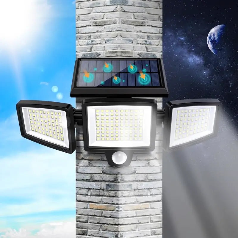 Solar Outdoor Security Lights 2500LM 210 LED IP65 Waterproof 3 Head Dimmable Spotlights for Yard Garage Porch Pool Garden Barn Patio Area