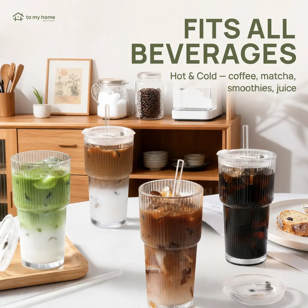 Reusable 562 ml (19 oz) ribbed glass cups with tight-sealing lids and straws for spill-resistant iced drinks, smoothies, cocktails, and commutes Tomyhome Global