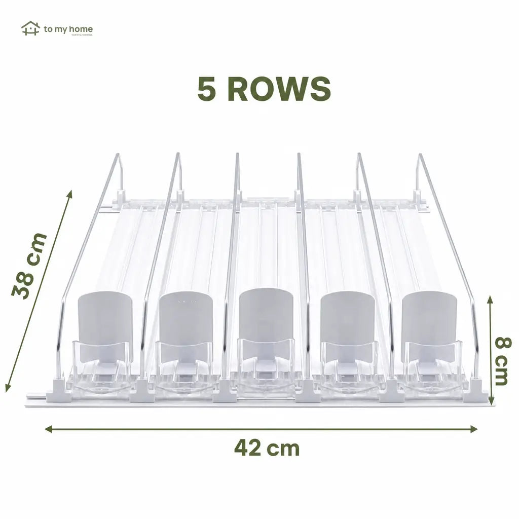 Refrigerator beverage organizer with spring-loaded can feed, durable recycled plastic storage for soda cans, coolers, shelves and pantry Tomyhome Global