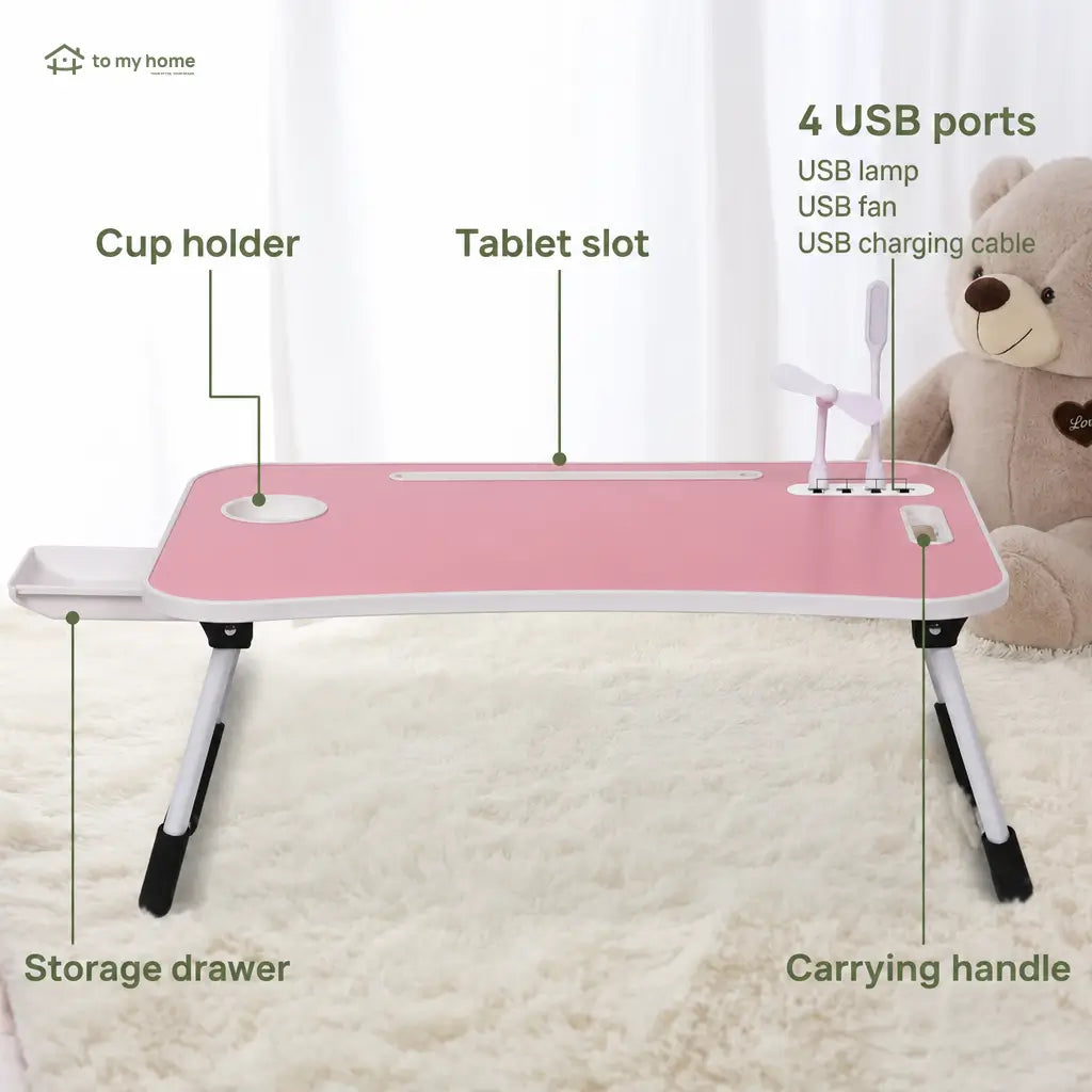Foldable laptop bed desk with 4 USB ports, storage drawer, cup holder and adjustable angles for comfortable couch work at home Tomyhome Global