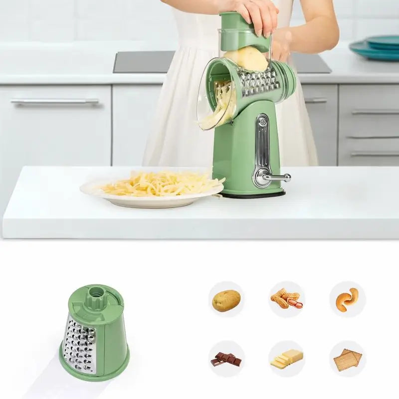 Manual Rotary Cheese Grater with Handle 5 Stainless Steel Blades Suction Base Vegetable Slicer Dicer Nut Grinder Home Kitchen Gadget Tool