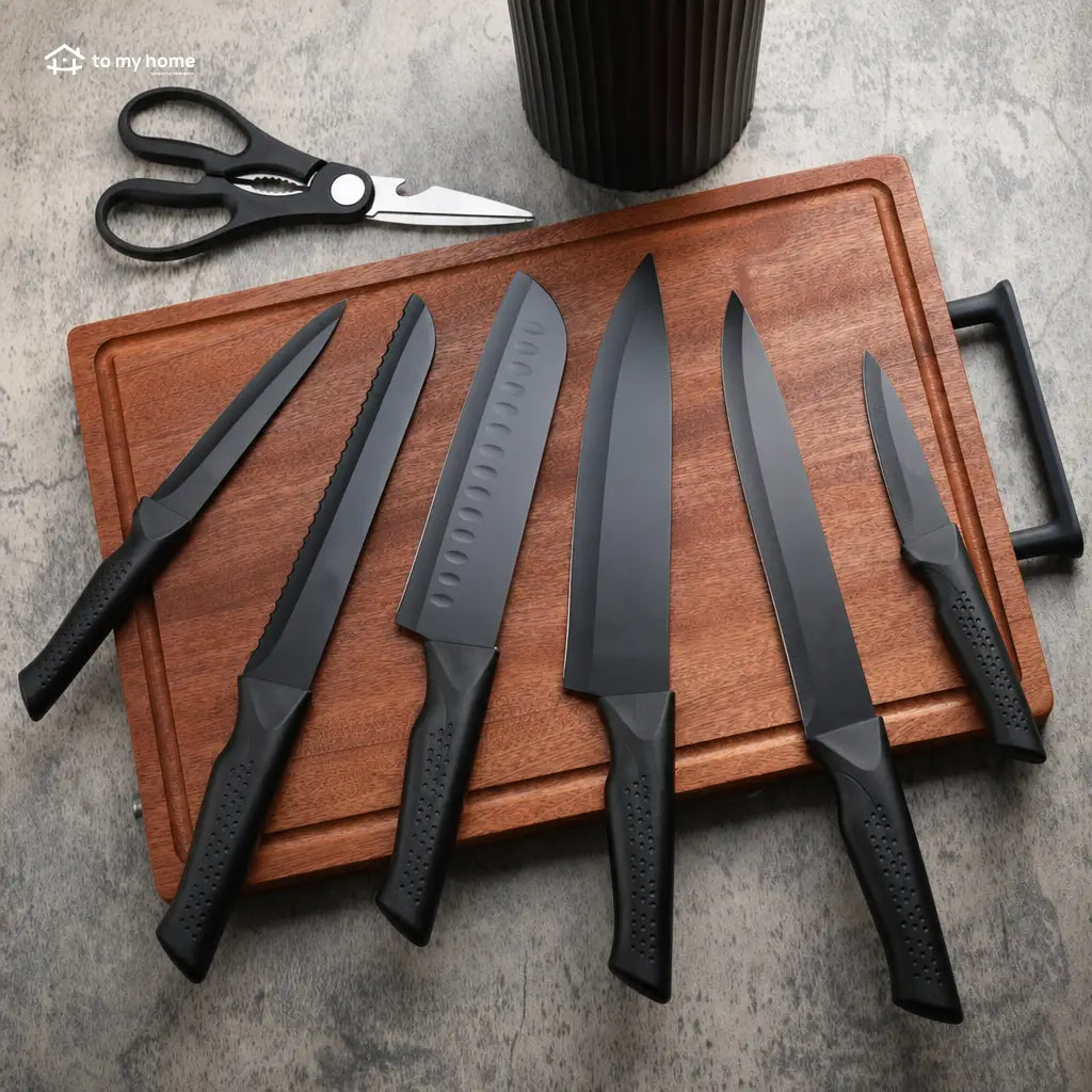 8-piece black kitchen knife set with non-stick rust-resistant blades, universal block and kitchen shears for everyday home cooking prep Tomyhome Global