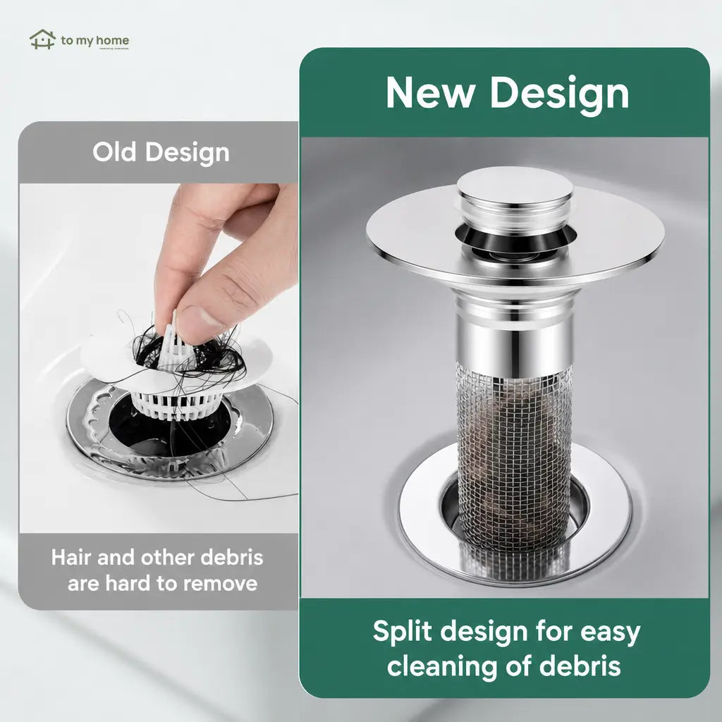 Universal pop-up sink stopper with removable stainless steel hair catcher basket for standard bathroom drains, 2-in-1 anti-clog strainer and plug Tomyhome Global