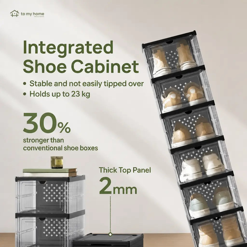Collapsible shoe storage boxes with clear front doors, stackable foldable organizer for closets, shelves and entryways, fits US size 13 shoes Tomyhome Global