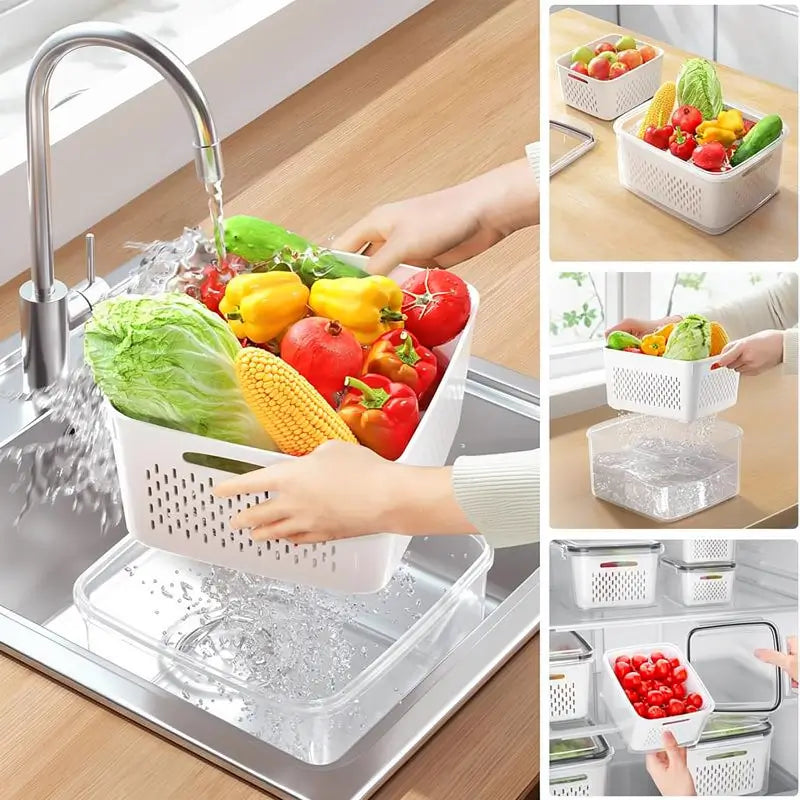 5-Pack Stackable Fridge Organizers BPA-Free Boxes with Removable Colander for Fruit Salad Vegetable Meat Fresh Kitchen Daily Home Use Tool Set
