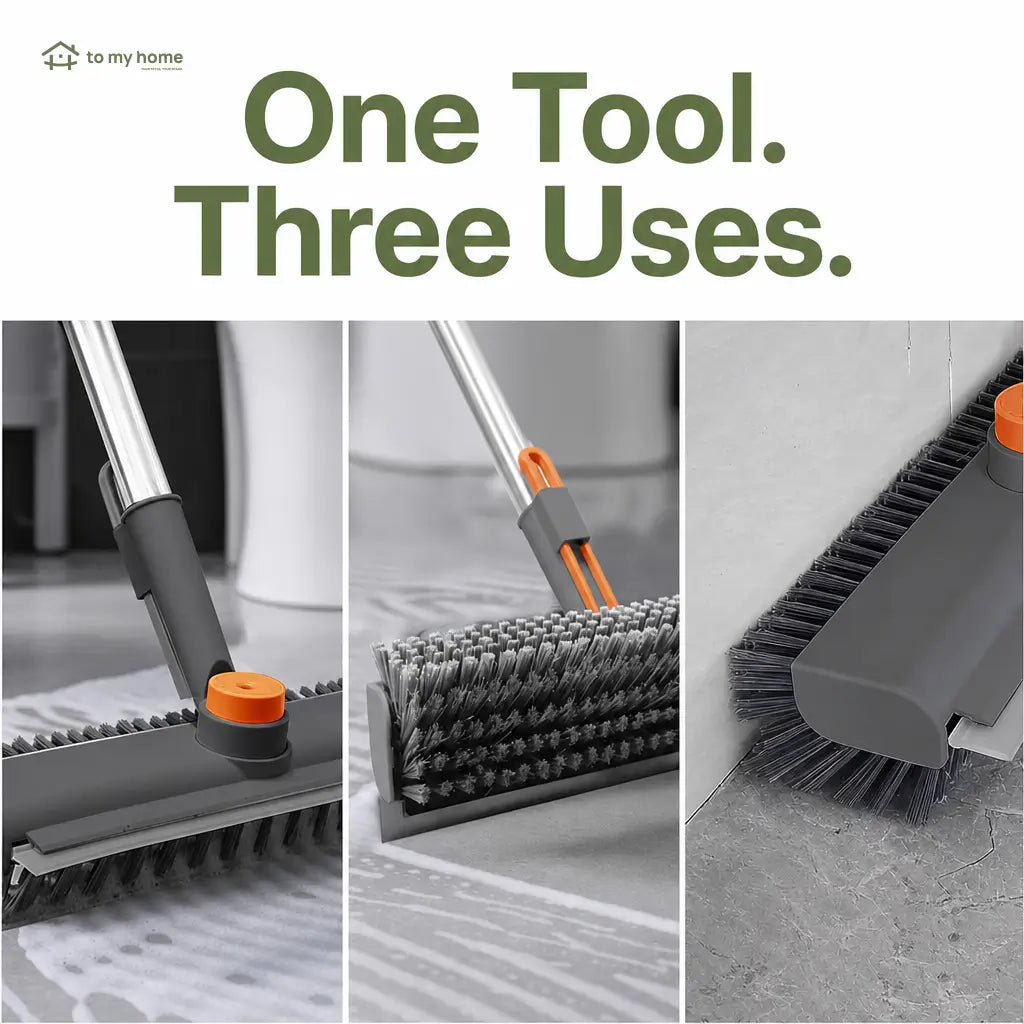 3-in-1 floor scrub brush with adjustable long handle, stiff bristles and squeegee for bathrooms, tile, patios and garages Tomyhome Global