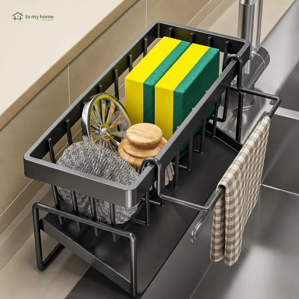 Corrosion-resistant metal sink organizer with high brush holder for sponges, scrubbers, bottles, and clutter-free kitchen counters beside your dishwashing area every day Tomyhome Global