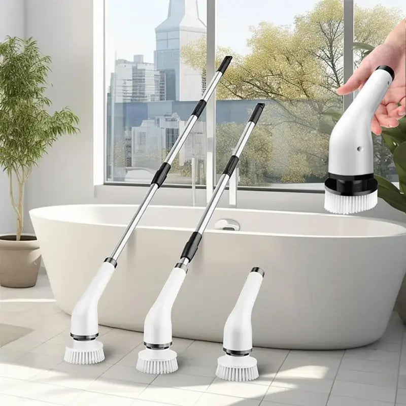 Electric Spin Scrubber Cordless Shower Cleaning Brush IPX7 Waterproof 4 Heads 3 Adjustable Handles for Bathroom Kitchen Floor Window Tile Pool