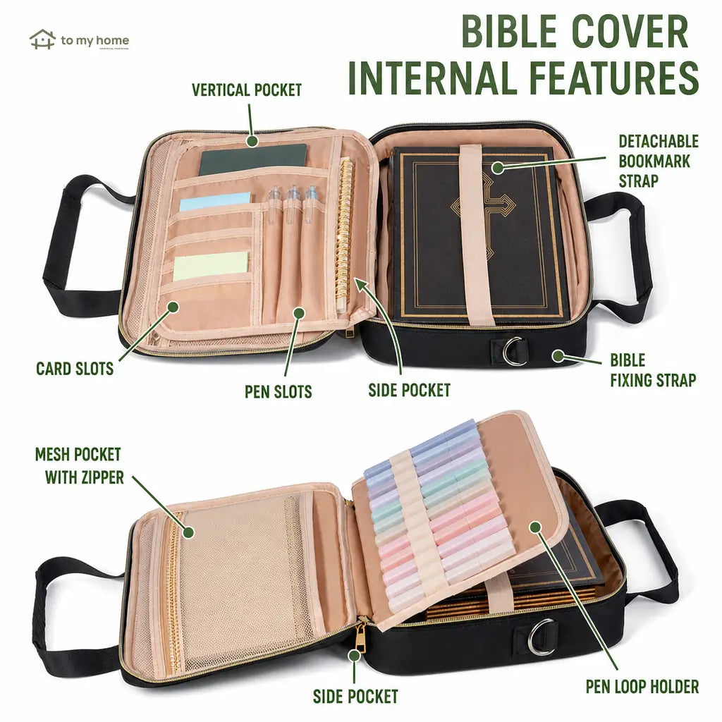Multi-compartment Bible bag with handles, adjustable shoulder strap and journaling supplies for women’s study, worship and travel at church or home Tomyhome Global