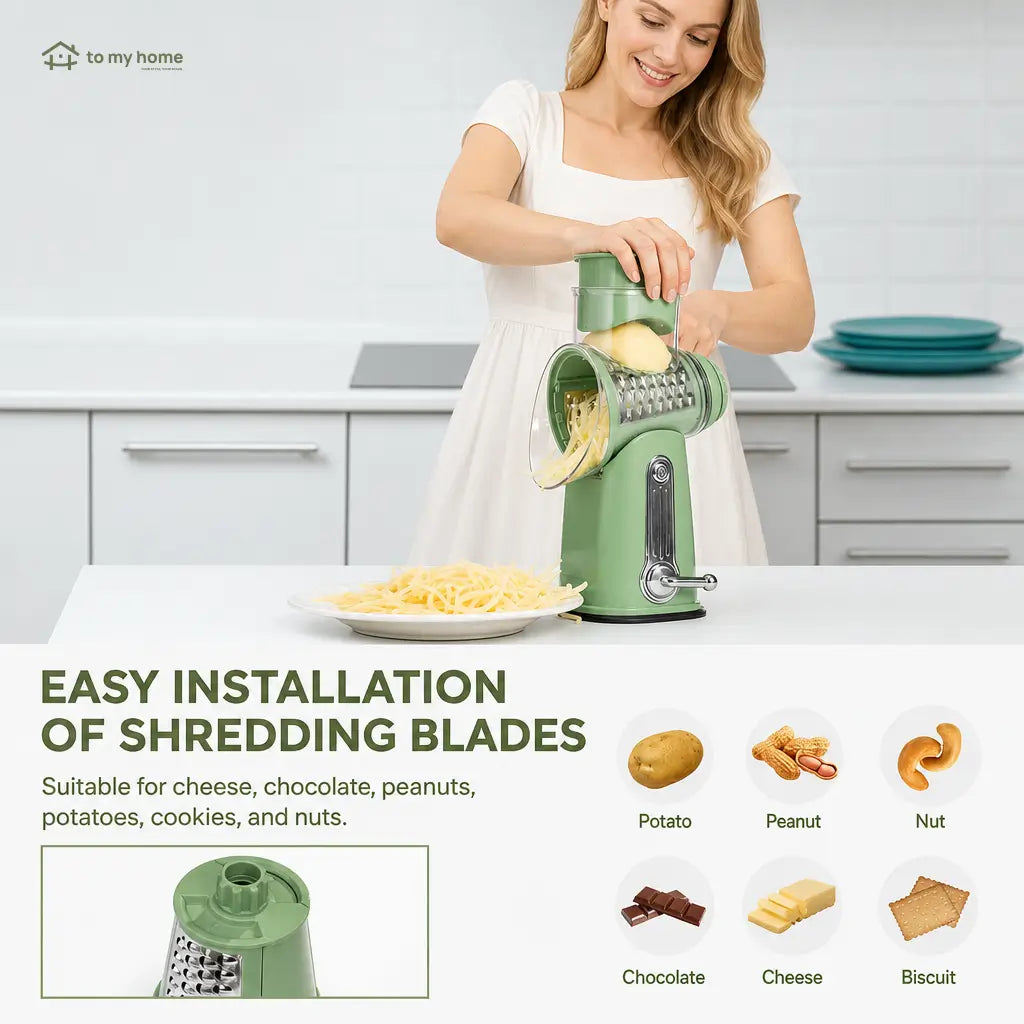 Rotary Cheese Grater with 5 Replaceable Blades and Suction Base for Fast Vegetable Slicing, Shredding, and Meal Prep Tomyhome Global