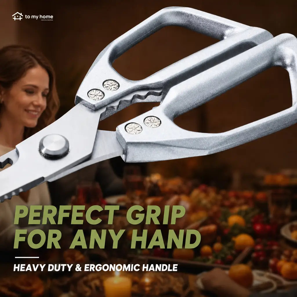 Heavy-duty stainless steel kitchen shears with detachable mirror-polished blades for poultry, fish bones, vegetables, and everyday meal prep at home kitchens Tomyhome Global
