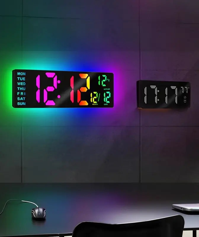 42 cm Large Digital Wall Clock with Bluetooth Sync RGB LED Lights 11 Scene Modes Remote Dual Alarms Auto DST Temperature for Office Gaming