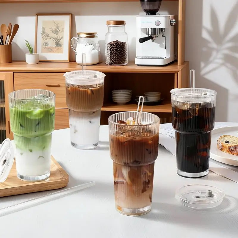 591ml Ribbed Glass Tumbler Set with Lids and Straws Reusable Leak-Proof for Iced Coffee Smoothies Juice Cocktails Stylish Durable Glass Drinkware
