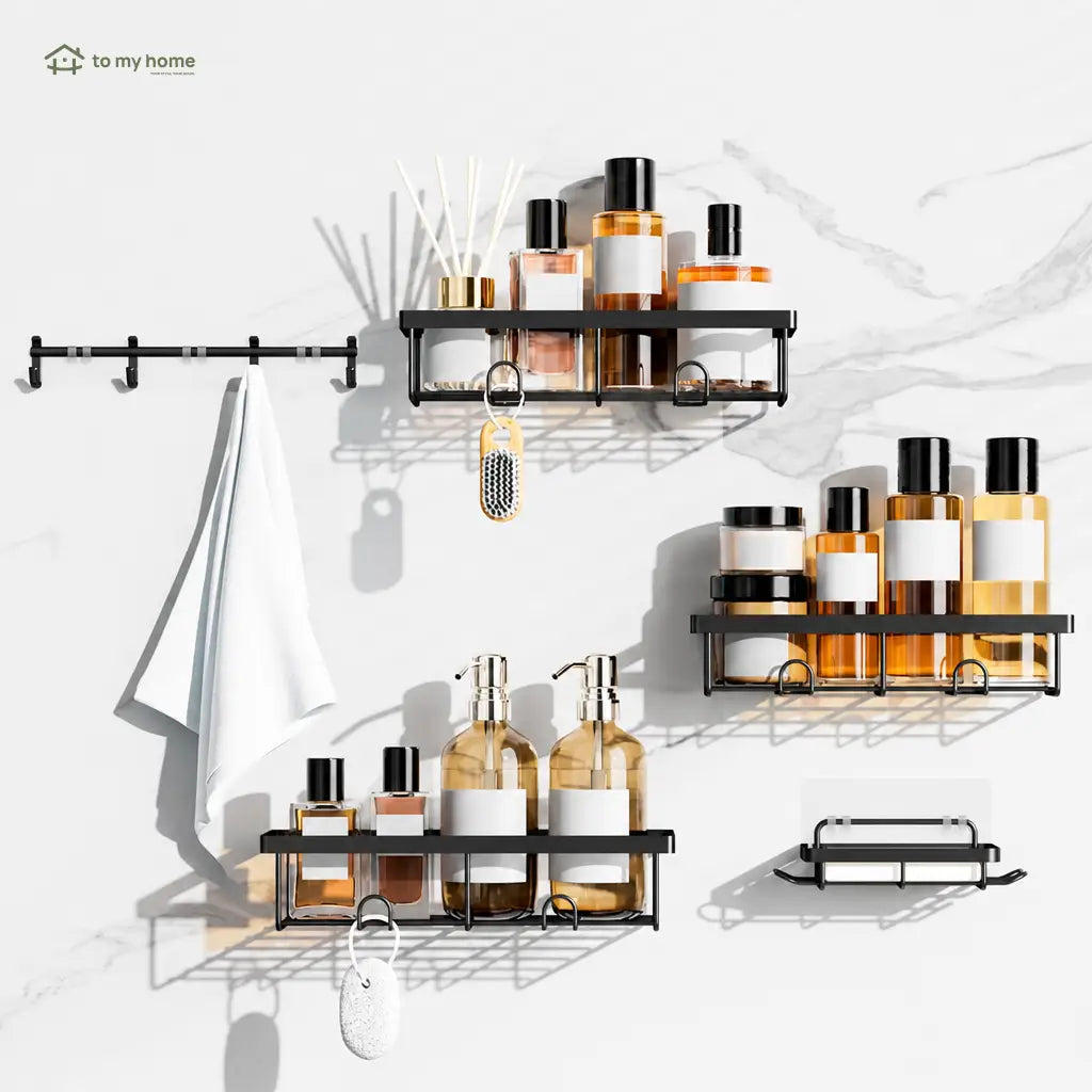 Black No-Drill Shower Caddy 5-Pack with Rust-Resistant Metal Shelves and Removable Hooks for Bathroom Wall Storage and Inside Shower Organization Tomyhome Global
